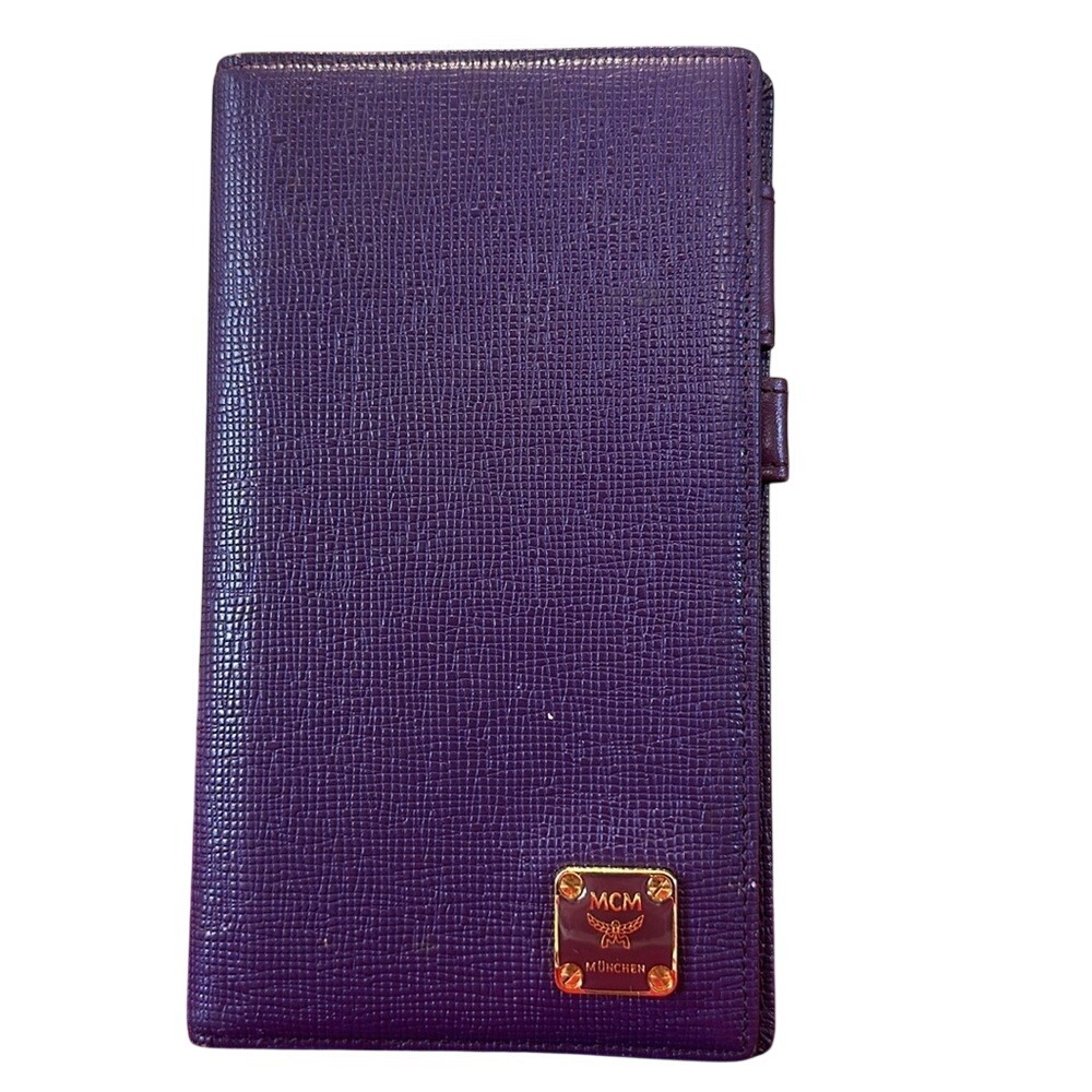 MCM Long Slim Wallet Purple Textured Leather Bifold Gold Logo Luxury